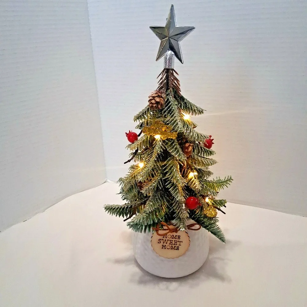 Glittered Christmas‎ Tree in Pot Light Up Bells Star Home Sweet Home Table Top